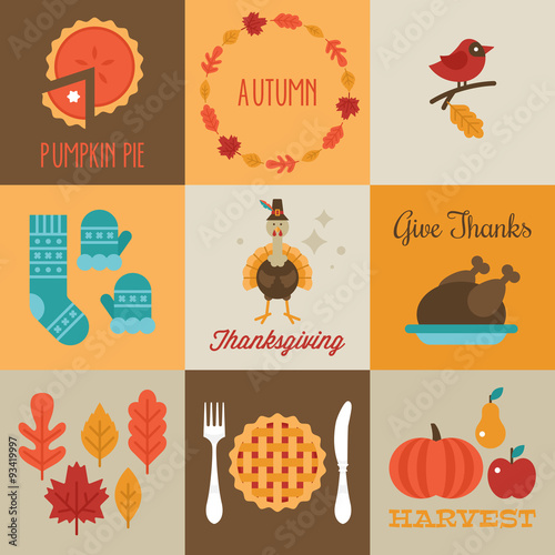 Thanksgiving and autumn greeting cards design with flat stylish