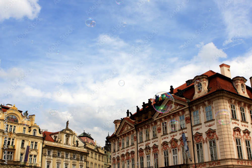 Old Town Square (Staromestske namesti) with soap bubbles, Prague, Czech republic
