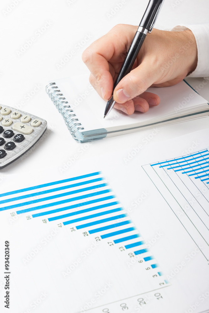 Businessman counting losses and profit working with statistics Businessman counting losses and profit working with statistics