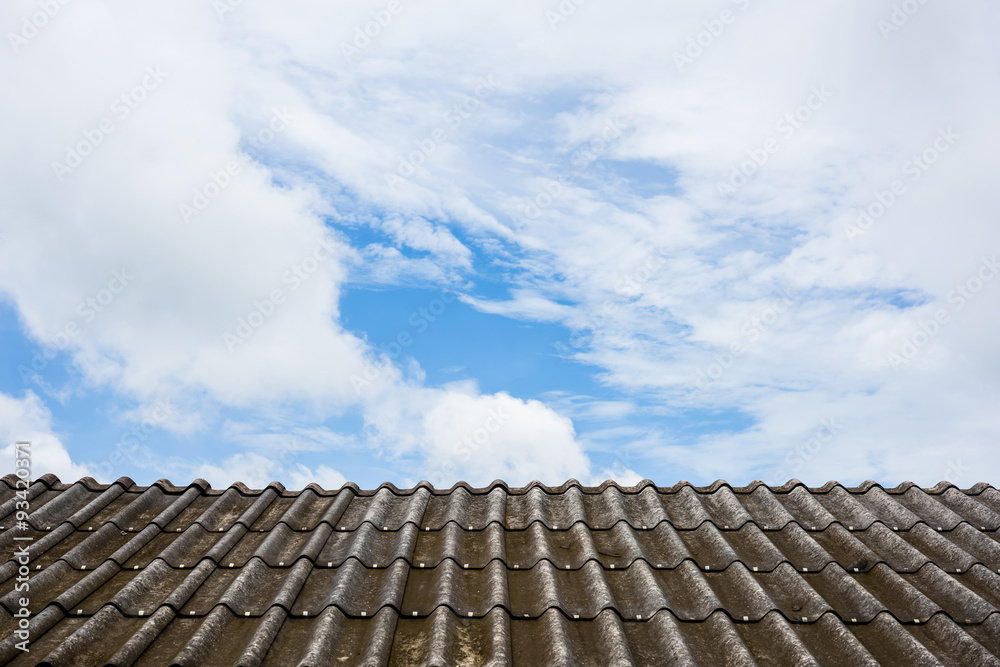 sky and clouds with old and dirty grey roof.