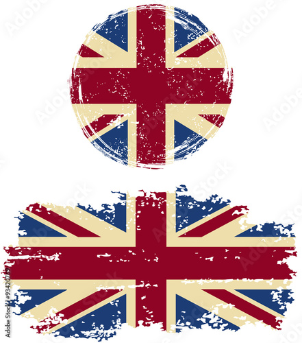 British round and square grunge flags. Vector illustration.