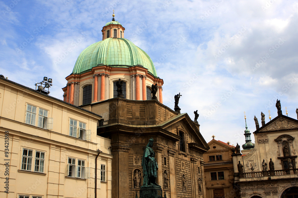 Knights of the Cross Square with statue of Charles IV and St. Francis of Assisi Church  near the Charles Bridge, Prague