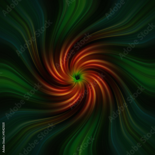 Abstract green fractal twirl with smooth satin waves and red-orange center