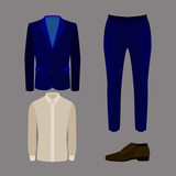 Set of trendy men's clothes with pants, jacket, shirt and shoes. Vector illustration