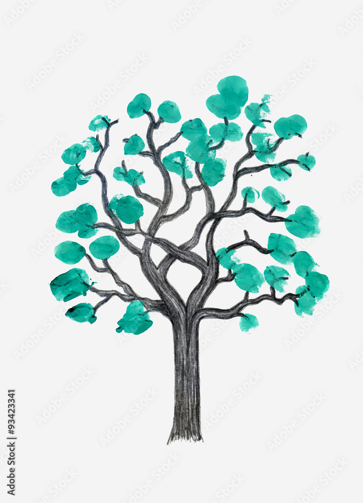 A tree, drawn with a pencil and paints