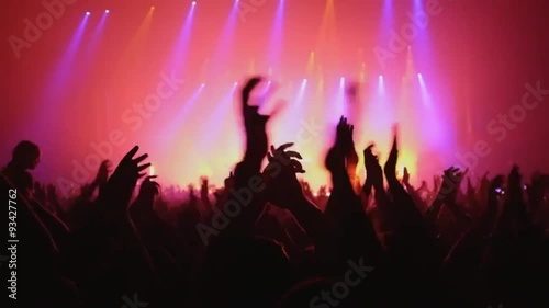 Here is  footage of people crowd partying at a concert or a night club. You can see dark silhouettes dancing, jumping and waving hands in front of stage. photo