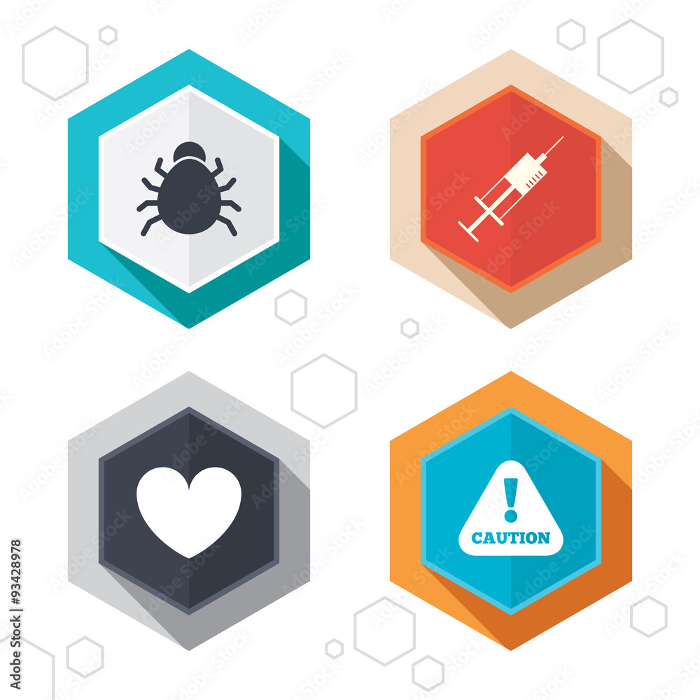 Bug and vaccine signs. Heart, spray can icons Bug and vaccine signs. Heart, spray can icons