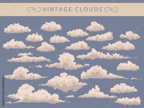 set of vintage clouds on a blue background
