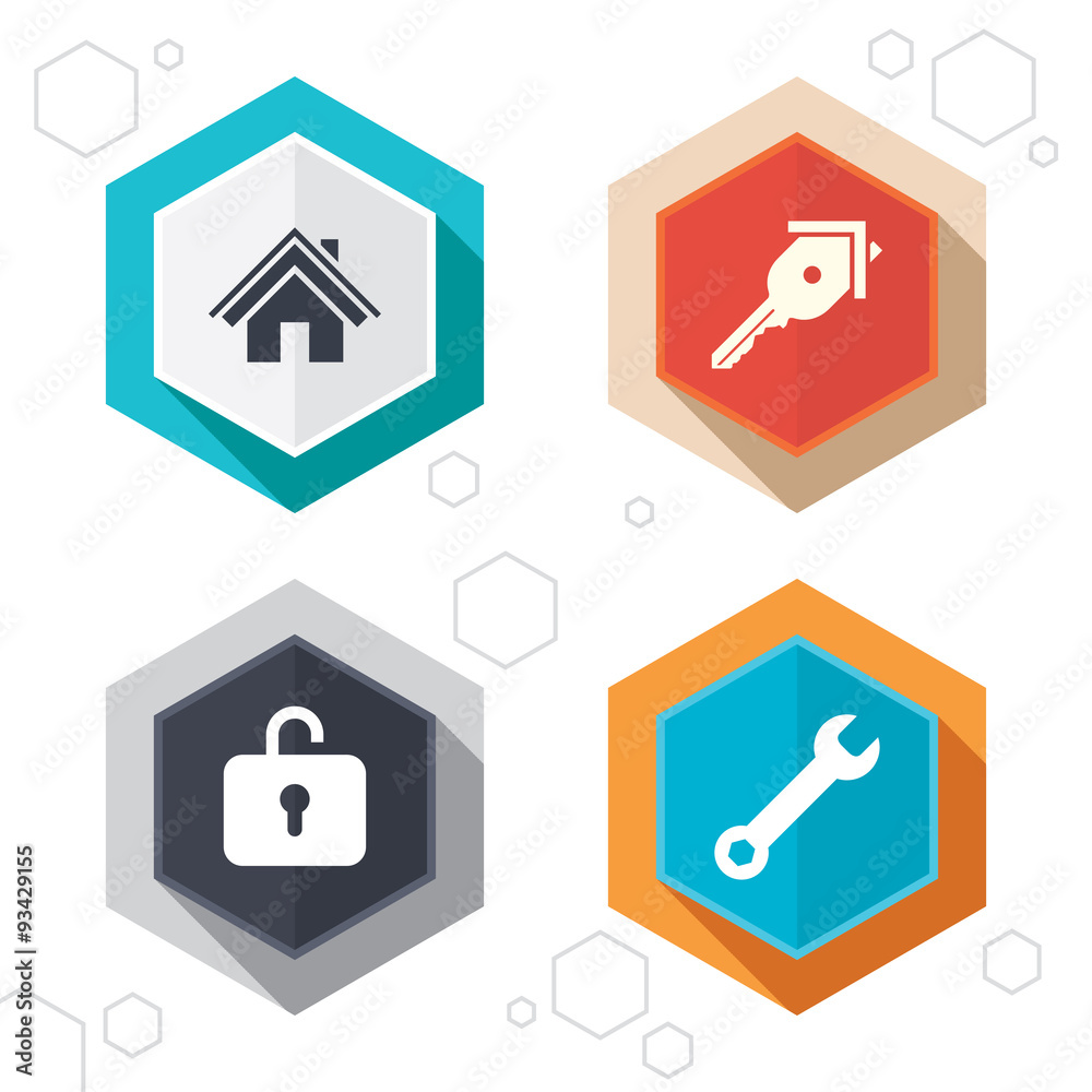 Home key icon. Wrench service tool symbol. Home key icon. Wrench service tool symbol.