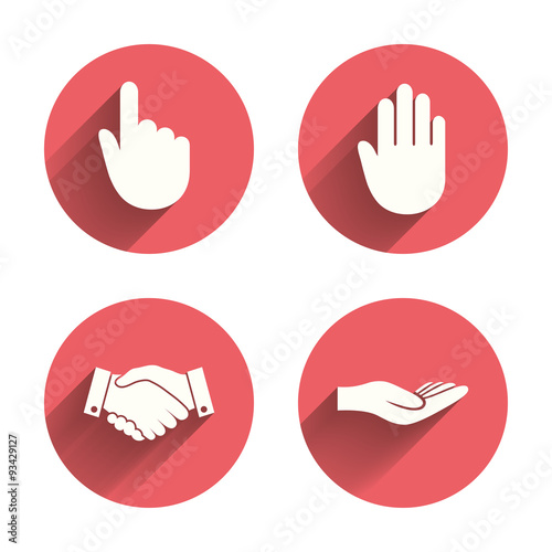 Hand icons. Handshake and click here symbols.