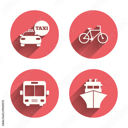 Transport icons. Taxi car, Bicycle, Bus and Ship