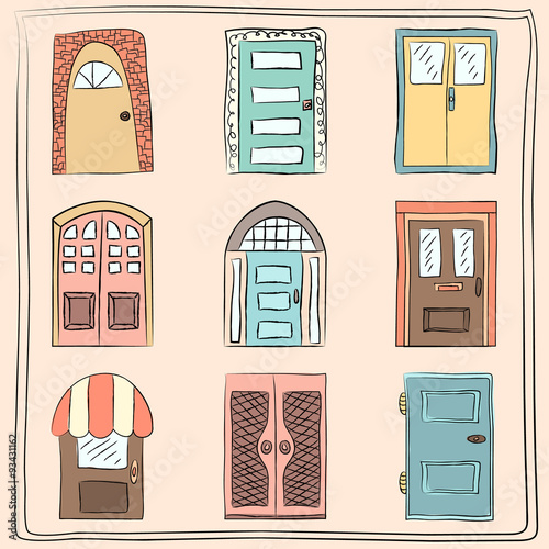 Collection of old door icon, isolated illustration vector. Set with close up wooden door. Simple design