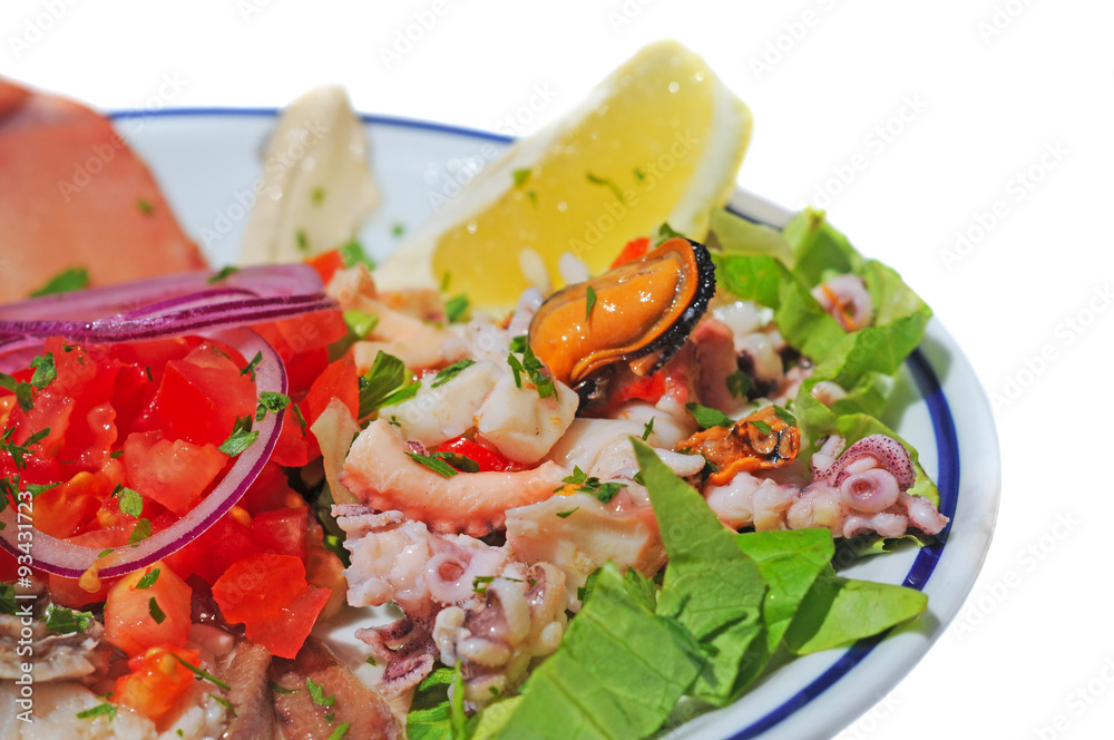 seafood and vegetable salad, selective focus