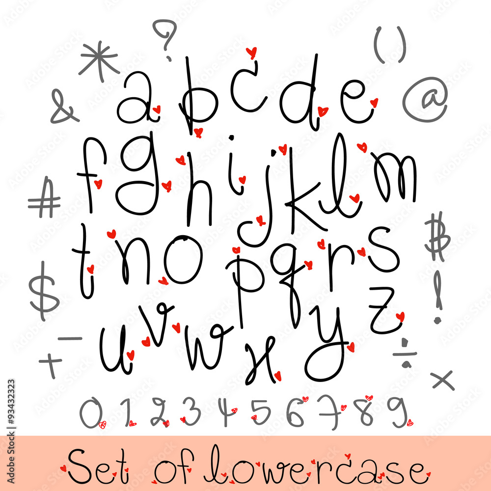 Black heart alphabet lowercase letters.Hand drawn written with a Black heart alphabet lowercase letters.Hand drawn written with a