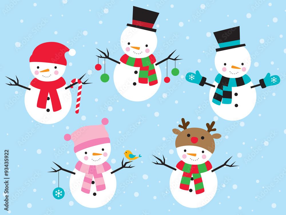 Vector illustration of snowman dress up in different costumes.