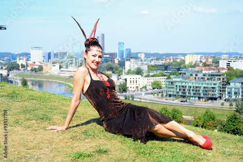 Beautiful girl in Vilnius town on Gediminas castle hill