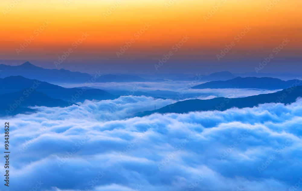 Seoraksan mountains is covered by morning fog and sunrise in Seo