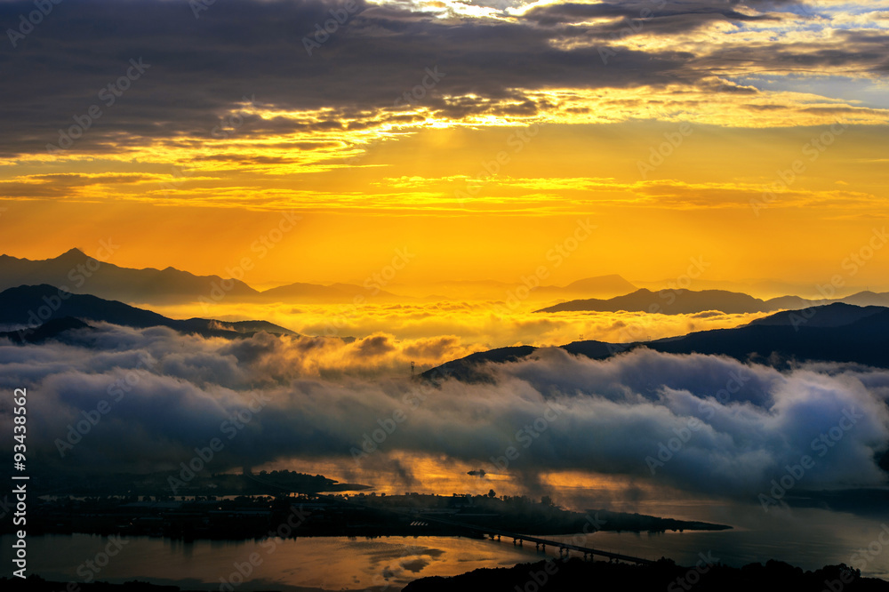 Seoraksan mountains is covered by morning fog and sunrise in Seo
