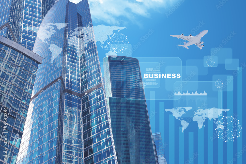 High-rise buildings with jet and business word