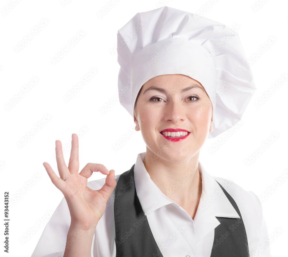Smiling female chef isolated on a white background Smiling female chef isolated on a white background