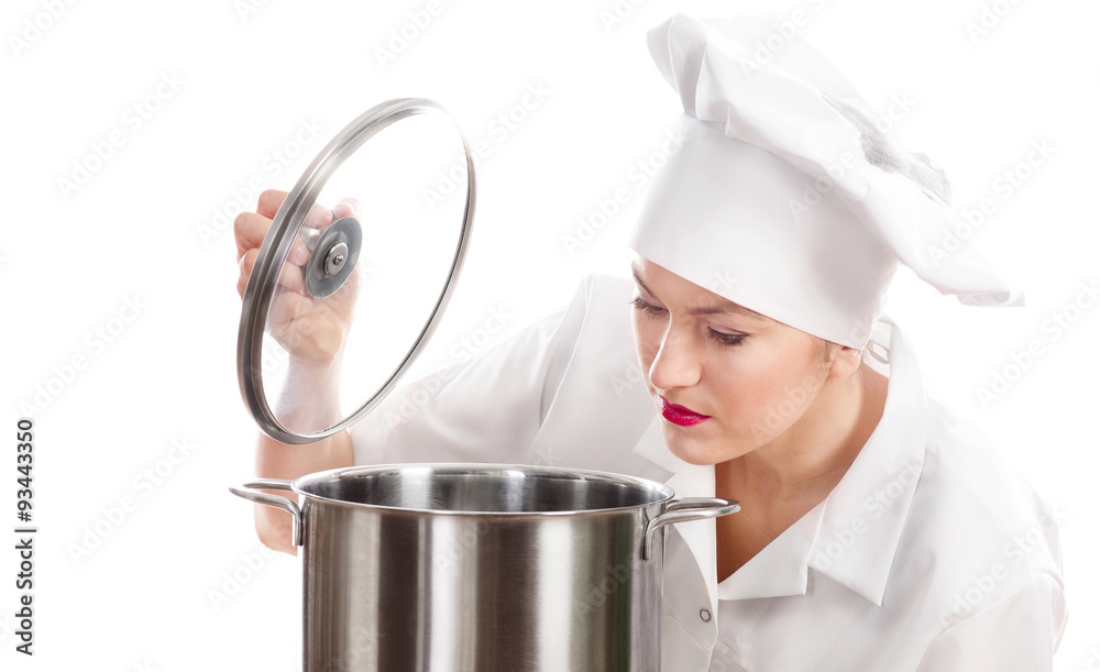 Woman chef cook with pot. Woman chef cook with pot.