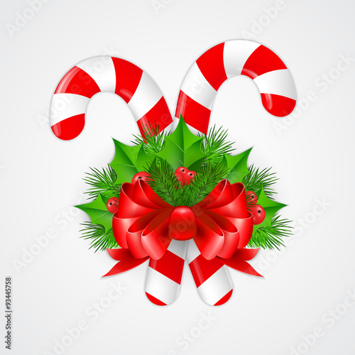 Traditional christmas candy cane with decor. Vector illustration