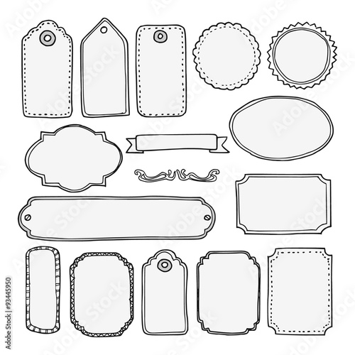 Set of hand drawn blank vintage frames, tags, labels, isolated vector