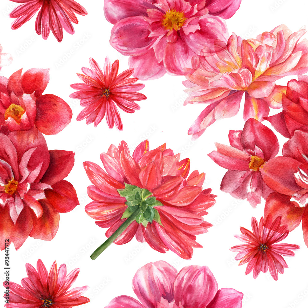 Obraz premium Red and pink watercolor dahlias seamless background pattern