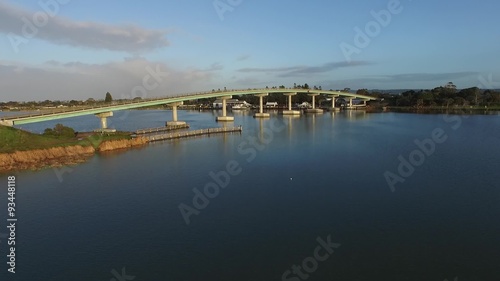 Aerial footage elevated view of hindmarsh island bridge goolwa south australia. River Murray. Famous for secret womans business aboriginal issues. Wharf, oscar w steam boat south Australian holidays photo