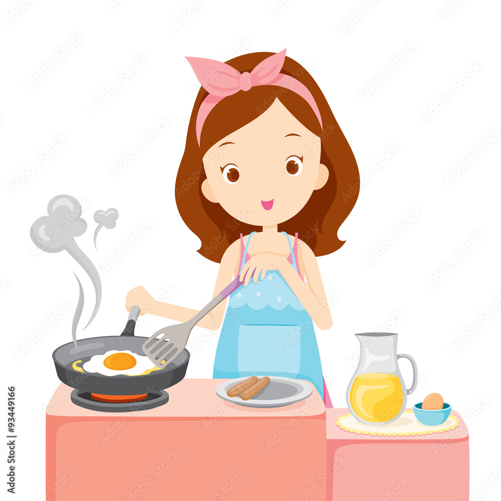 Girl Cooking Fried Egg For Breakfast, Kitchen, Kitchenware, Crockery, Cooking, Food, Bakery, Occupation, Lifestyle
