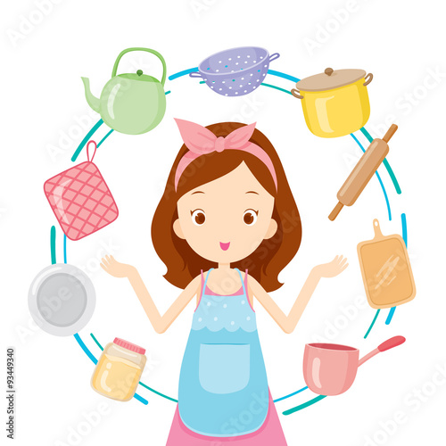 Girl With Kitchen Equipments, Kitchen, Kitchenware, Crockery, Cooking, Food, Bakery, Lifestyle