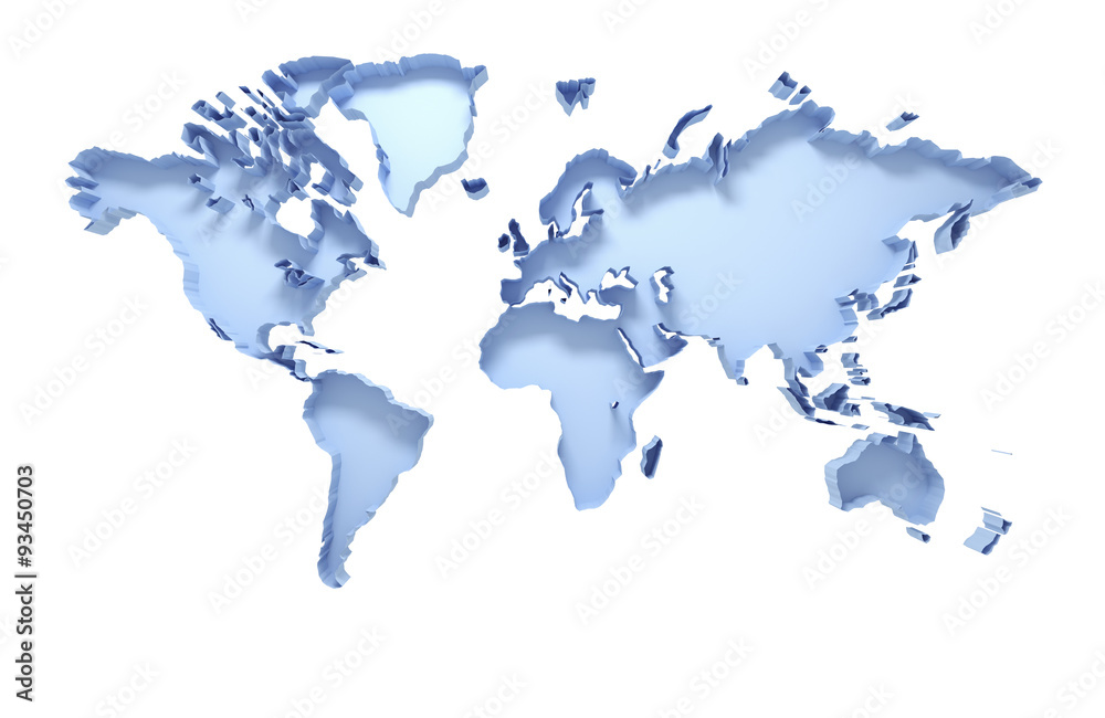 3D world map isolated on white with clipping path