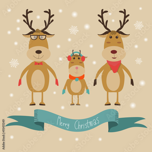 Reindeer family merry christmas banner vector. illustration EPS1