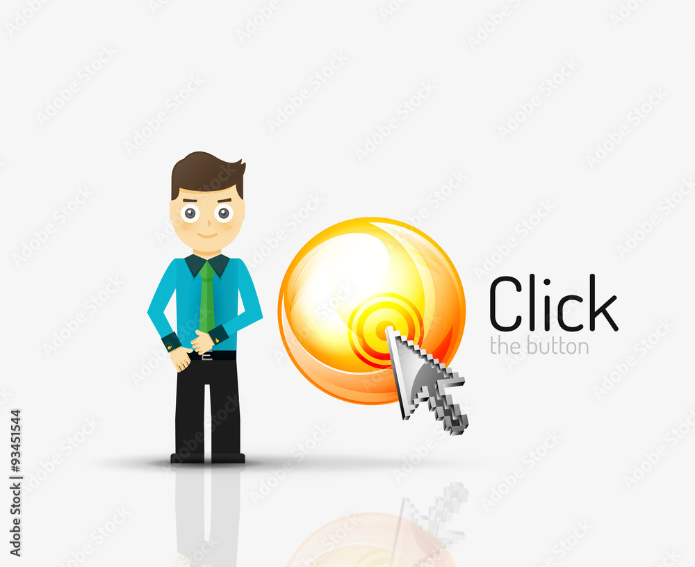 Cartoon businessman asking to click on glossy button, flat Cartoon businessman asking to click on glossy button, flat