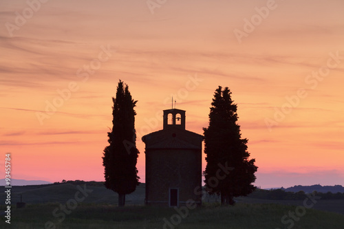 Capella di Vitaleta at sunset, Val d'Orcia (Orcia Valley), Siena Province, Tuscany photo