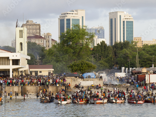 Fishing market with modern city behind, Dar es Salaam, Tanzania