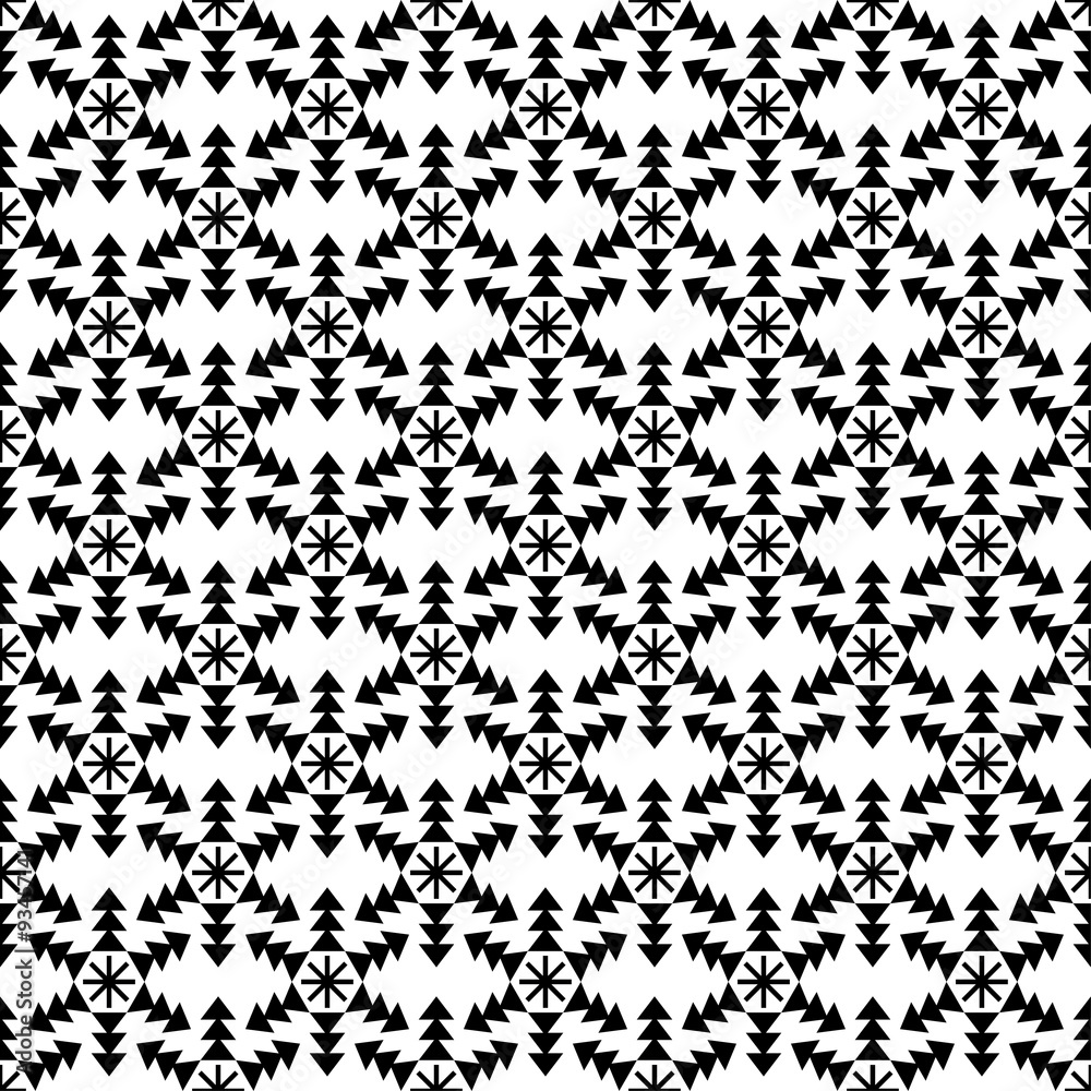 Seamless Christmas vector black and white background with decorative snowflakes and trees Seamless Christmas vector black and white background with decorative snowflakes and trees