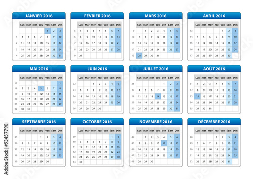 Calendrier français 2016 - Quadri CMJN - Textes vectorisés