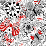 Floral hand drawn zentangle, ethnic seamless pattern with butterfly