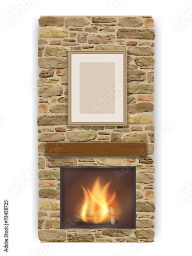 Fireplace with a fire in the furnace. Element of the interior. (Texture contains elements auto tracing).