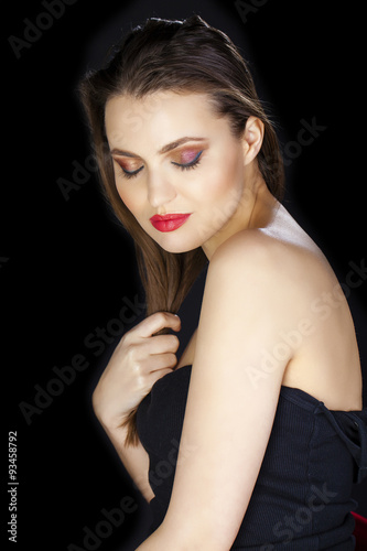 Beauty woman face closeup isolated on black background