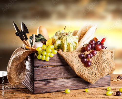Fototapeta Naklejka Na Ścianę i Meble -  Autumn nature concept. Fall fruit and vegetables on wooden table