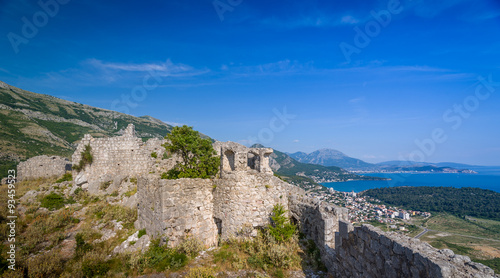 Sutomore popular touristic city view from old turkish fortress Haj-Nehaj. Montenegro. 