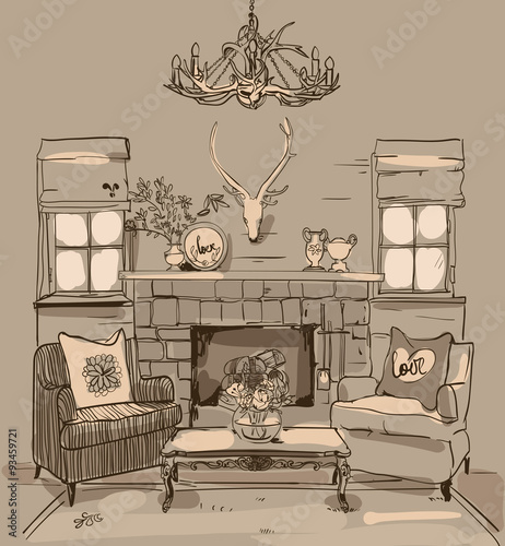 fireplace with armchairs - interior sketch