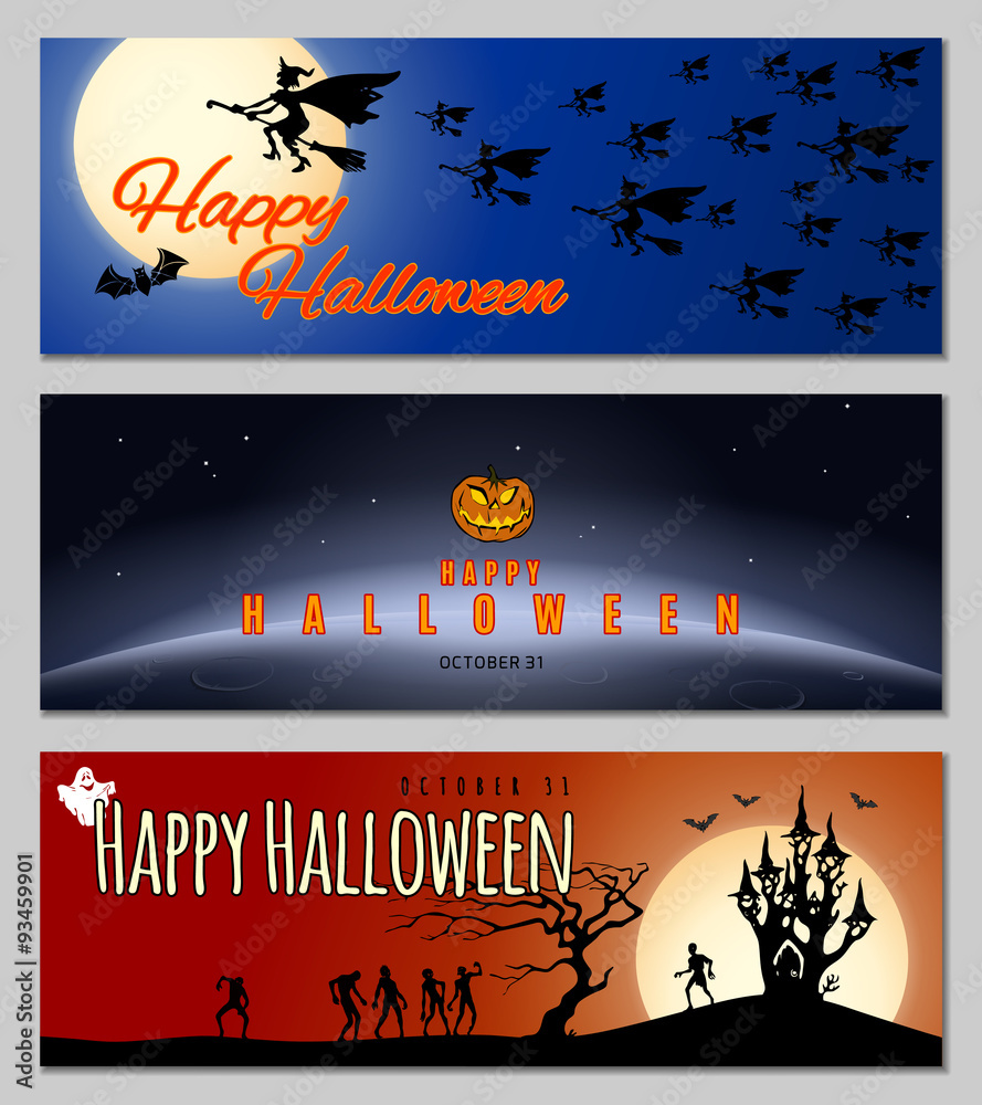 Happy Halloween banners Set. Grunge styled horizontal halloween banners with 'Happy Halloween' typography. Cartoon style. Vector illustration.