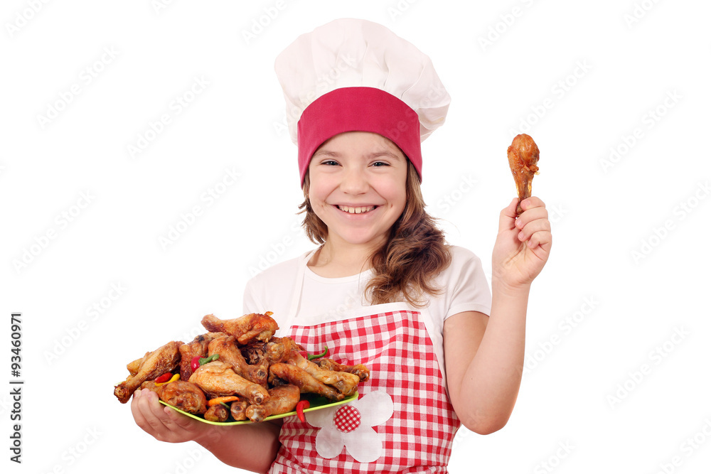 happy little girl cook with chicken drumstick happy little girl cook with chicken drumstick