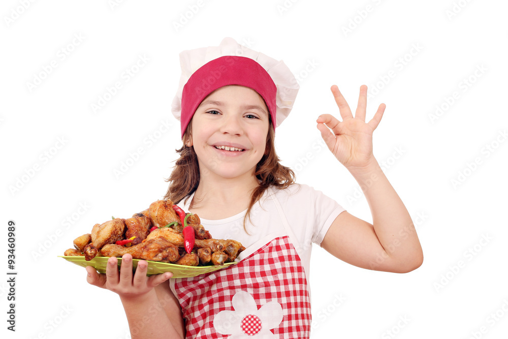 happy little girl with chicken drumstick and ok hand sign happy little girl with chicken drumstick and ok hand sign