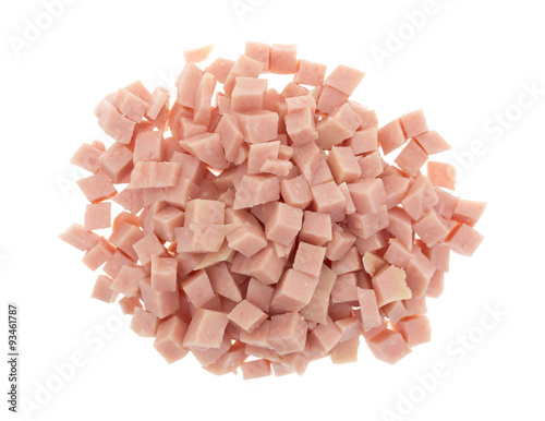 Diced ham on a white background