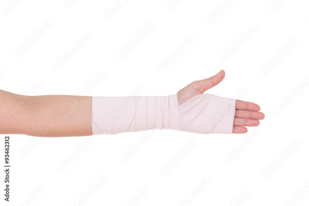 close-up injured arm wrapped in an Elastic Bandage close-up injured arm wrapped in an Elastic Bandage