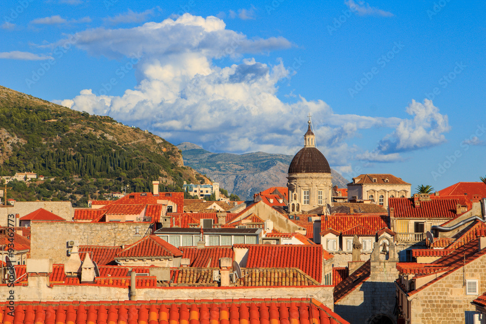 Rooftop View at sunset of buildings of old fortress in Dubrovnik